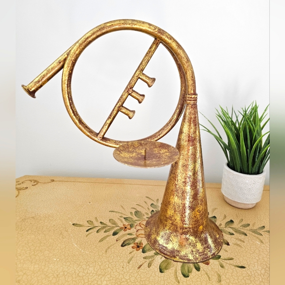 Vintage Gold Trumpet Candle Holder Metal Horn Decor 13.5” Music Accent